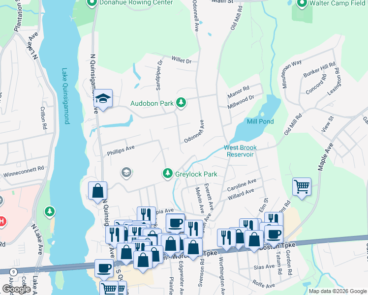 map of restaurants, bars, coffee shops, grocery stores, and more near 20 Ptarmigan Drive in Shrewsbury