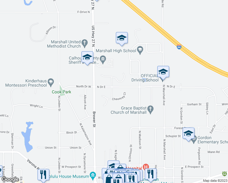 map of restaurants, bars, coffee shops, grocery stores, and more near 227 Chauncey Court in Marshall