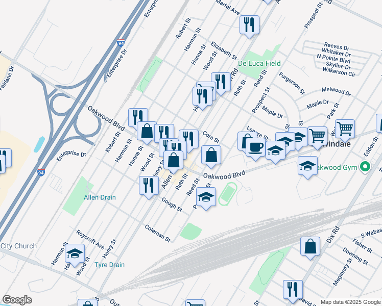 map of restaurants, bars, coffee shops, grocery stores, and more near 18296 Allen Road in Melvindale