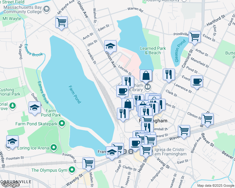 map of restaurants, bars, coffee shops, grocery stores, and more near 166 Franklin Street in Framingham