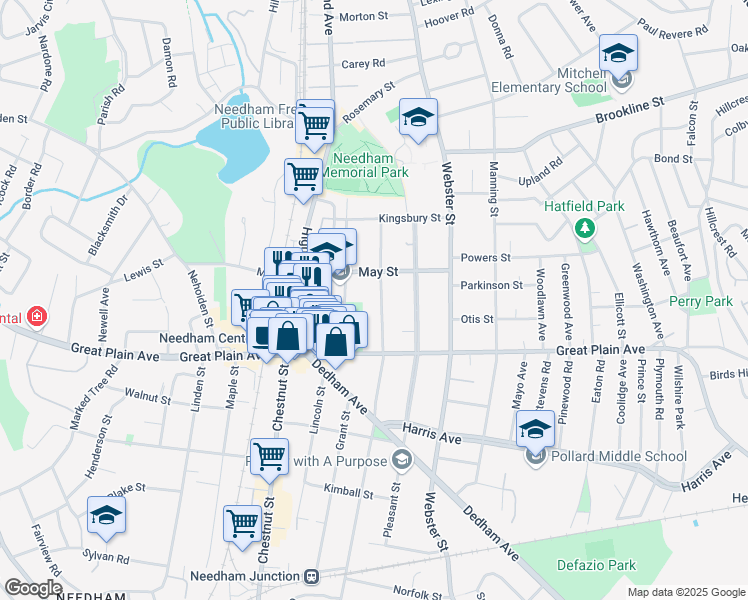 map of restaurants, bars, coffee shops, grocery stores, and more near 73 Warren Street in Needham