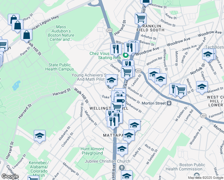map of restaurants, bars, coffee shops, grocery stores, and more near 20 Outlook Road in Boston