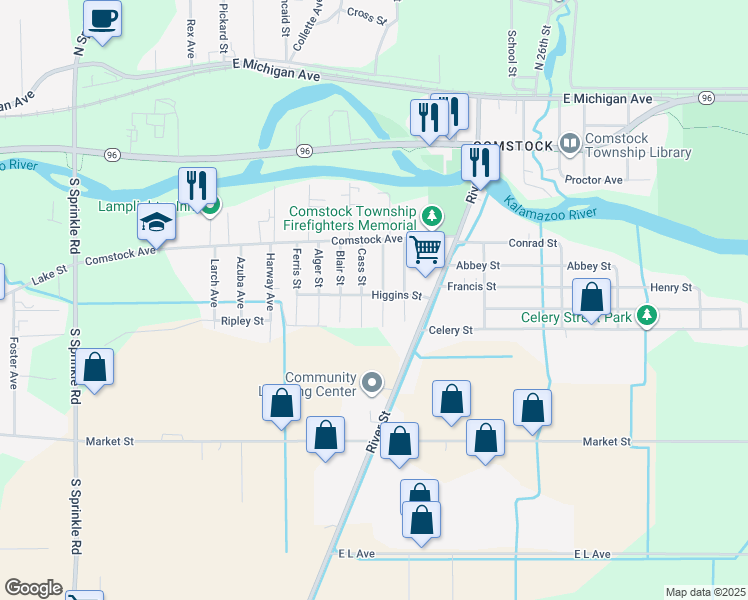 map of restaurants, bars, coffee shops, grocery stores, and more near 5694 Higgins Street in Kalamazoo