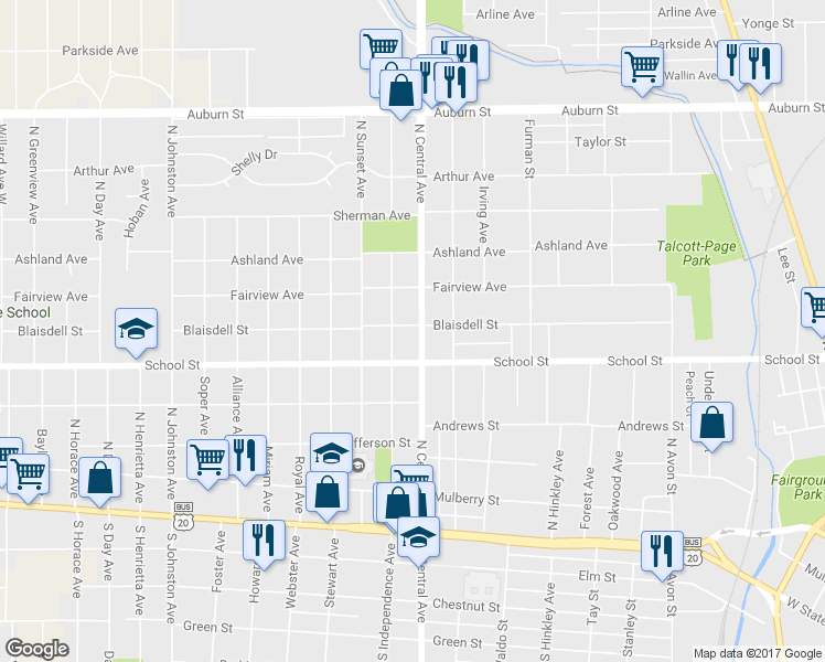 map of restaurants, bars, coffee shops, grocery stores, and more near 528 North Central Avenue in Rockford