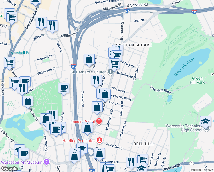 map of restaurants, bars, coffee shops, grocery stores, and more near 200 Lincoln Street in Worcester