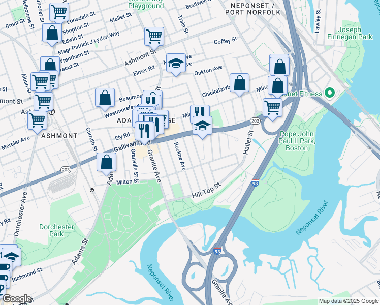map of restaurants, bars, coffee shops, grocery stores, and more near 51 Crockett Avenue in Boston