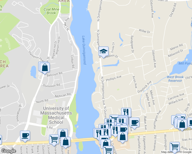 map of restaurants, bars, coffee shops, grocery stores, and more near 23 Eaglehead Terrace in Shrewsbury