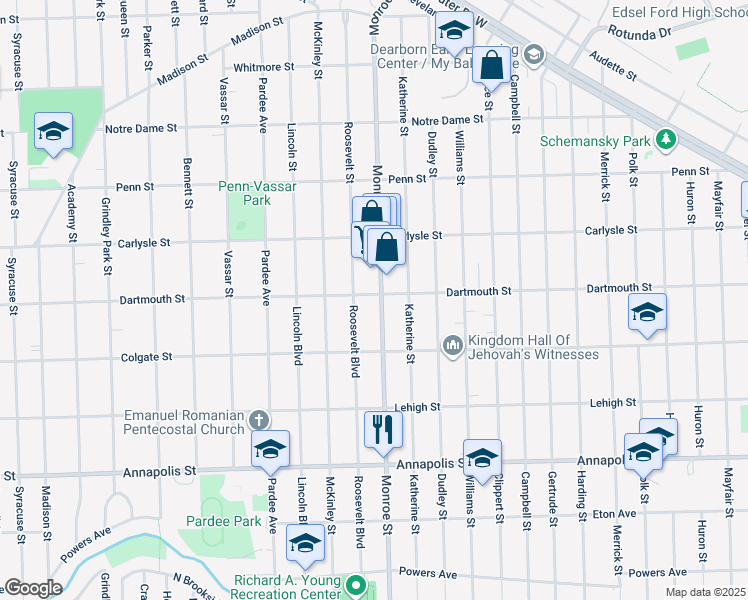 map of restaurants, bars, coffee shops, grocery stores, and more near 3902 Monroe Street in Dearborn Heights