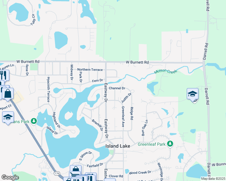 map of restaurants, bars, coffee shops, grocery stores, and more near 3303 Woodland Circle South in Island Lake