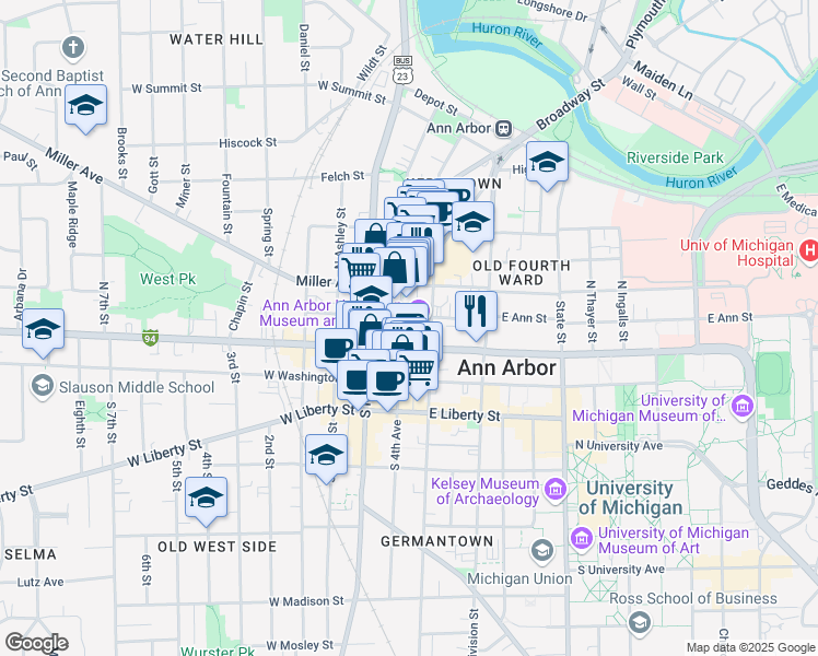 map of restaurants, bars, coffee shops, grocery stores, and more near 208 North 4th Avenue in Ann Arbor