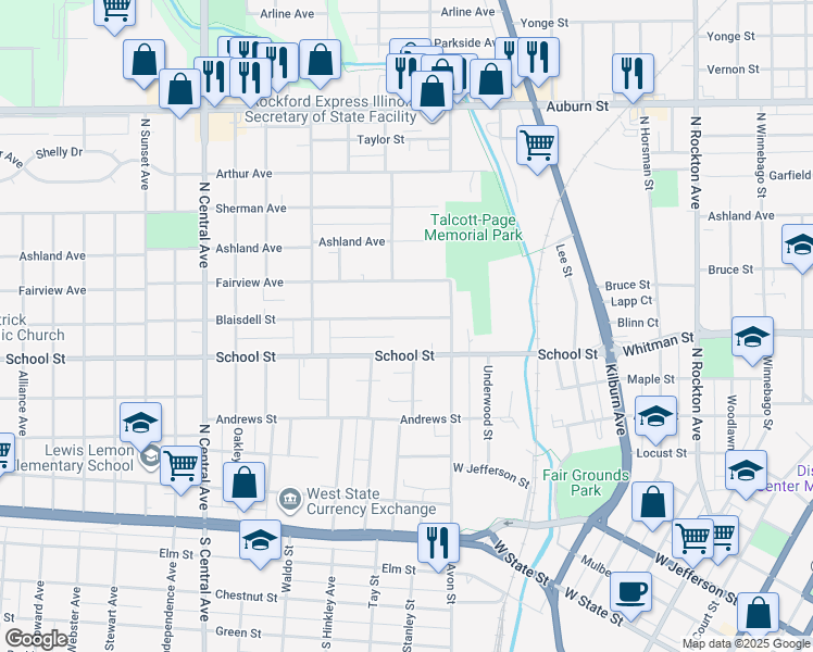 map of restaurants, bars, coffee shops, grocery stores, and more near 1208 Blaisdell Street in Rockford