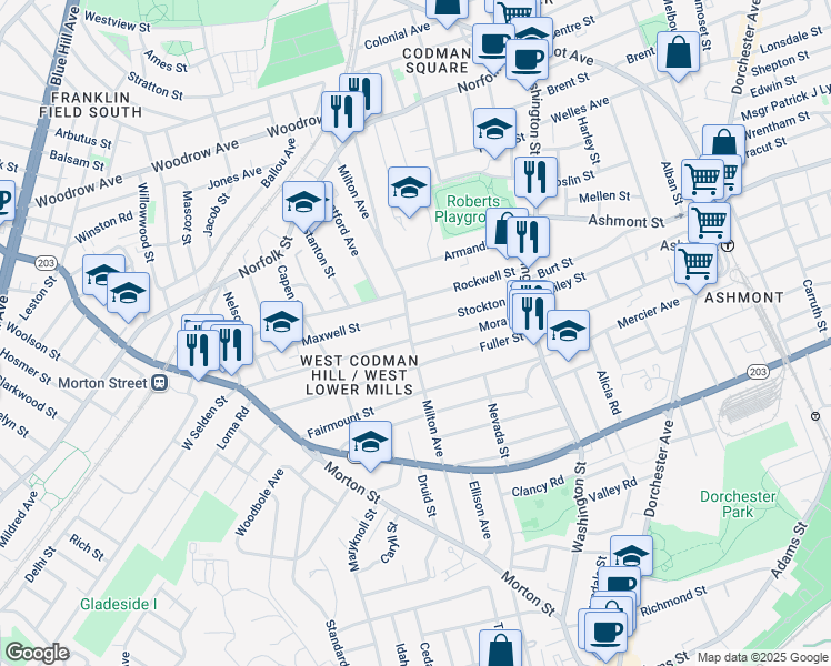 map of restaurants, bars, coffee shops, grocery stores, and more near 104 Milton Avenue in Boston