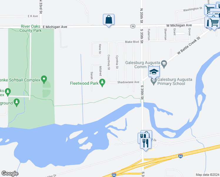 map of restaurants, bars, coffee shops, grocery stores, and more near 10000 Shadowlane Drive in Galesburg