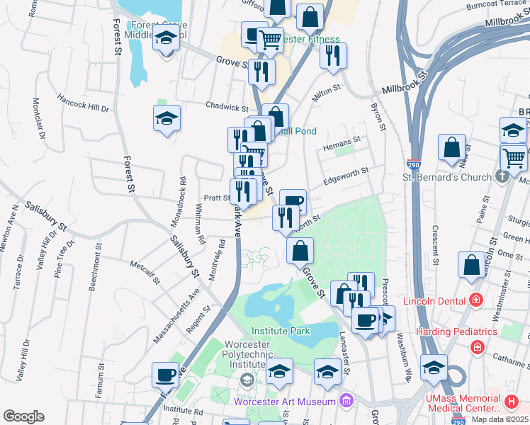 map of restaurants, bars, coffee shops, grocery stores, and more near 2-38 Sagamore Road in Worcester
