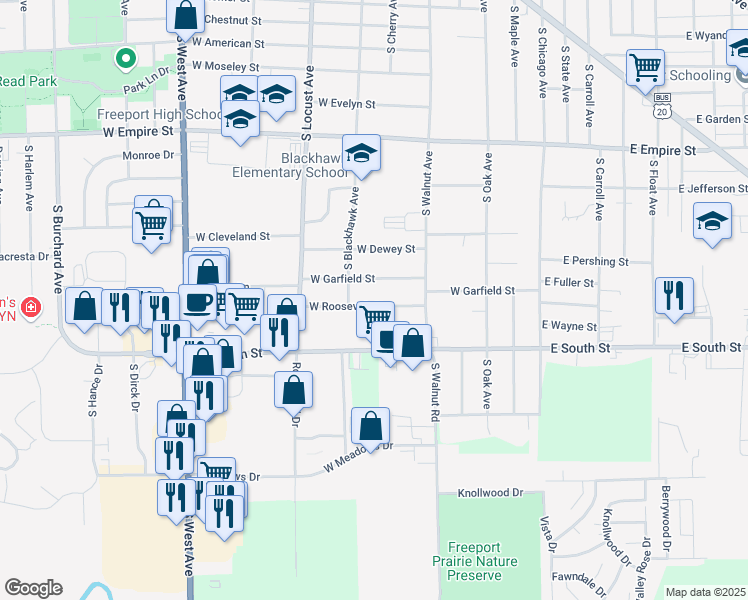 map of restaurants, bars, coffee shops, grocery stores, and more near 416 West Roosevelt Street in Freeport