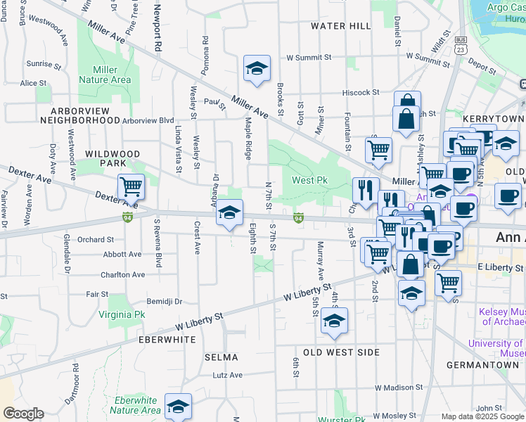 map of restaurants, bars, coffee shops, grocery stores, and more near 844 West Huron Street in Ann Arbor