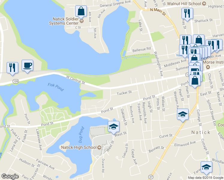 map of restaurants, bars, coffee shops, grocery stores, and more near 98 West Central Street in Natick