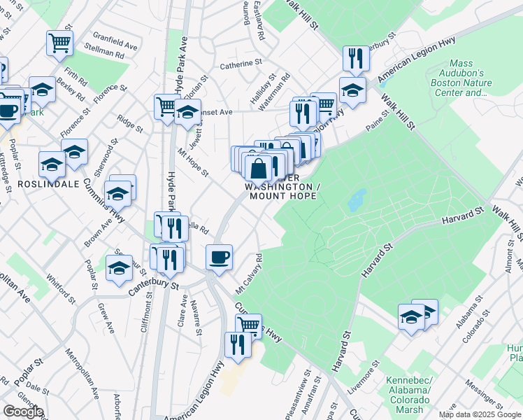 map of restaurants, bars, coffee shops, grocery stores, and more near 825 Canterbury Street in Boston