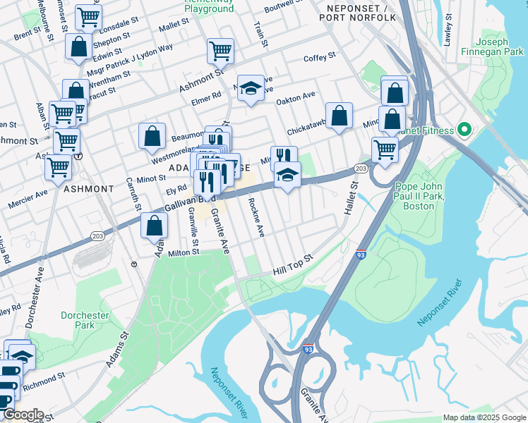 map of restaurants, bars, coffee shops, grocery stores, and more near 51 Crockett Avenue in Boston