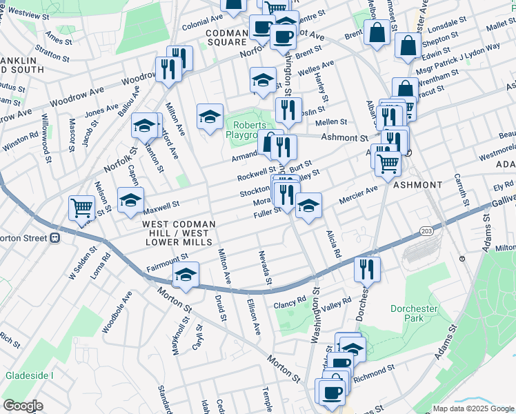 map of restaurants, bars, coffee shops, grocery stores, and more near 44 Mora Street in Boston