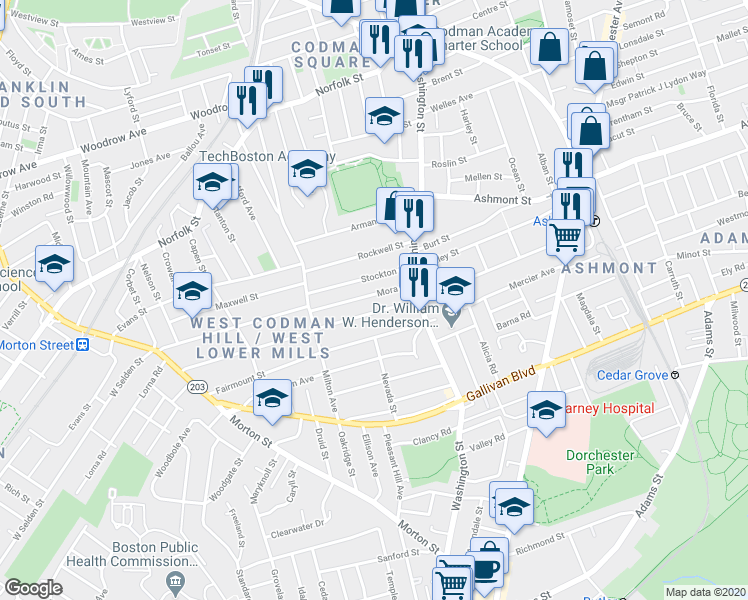 map of restaurants, bars, coffee shops, grocery stores, and more near 44 Mora Street in Boston