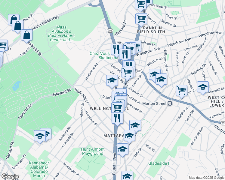 map of restaurants, bars, coffee shops, grocery stores, and more near 3 Outlook Road in Boston