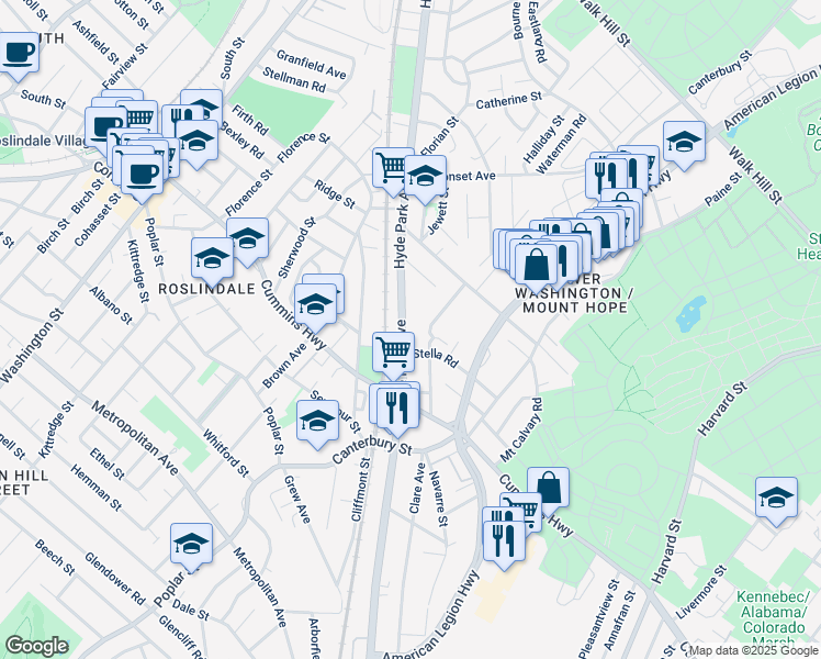 map of restaurants, bars, coffee shops, grocery stores, and more near 56A Harding Road in Boston