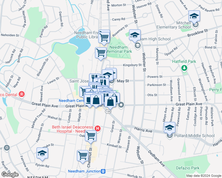 map of restaurants, bars, coffee shops, grocery stores, and more near 13 Pickering Place in Needham