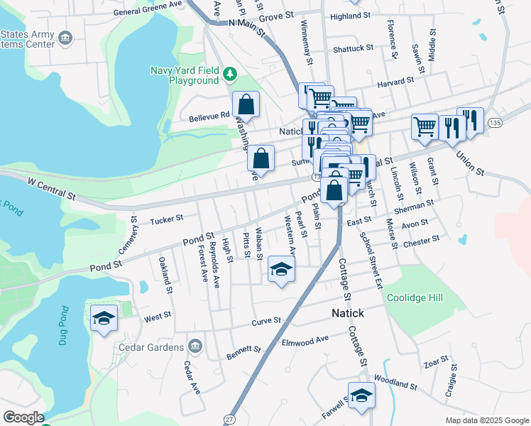 map of restaurants, bars, coffee shops, grocery stores, and more near 59 Pond Street in Natick