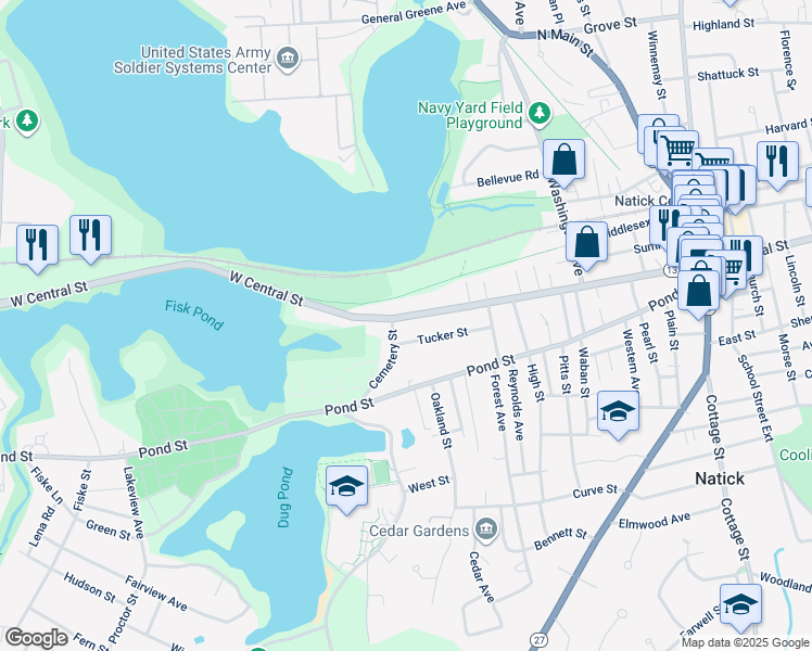 map of restaurants, bars, coffee shops, grocery stores, and more near 98 West Central Street in Natick