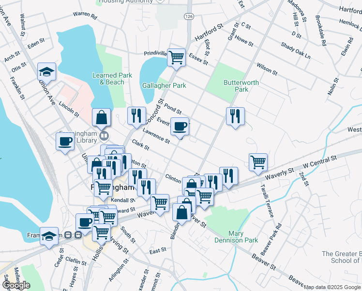 map of restaurants, bars, coffee shops, grocery stores, and more near 116 Grant Street in Framingham
