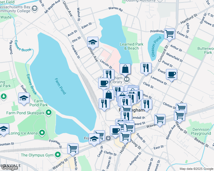 map of restaurants, bars, coffee shops, grocery stores, and more near 154 Union Avenue in Framingham