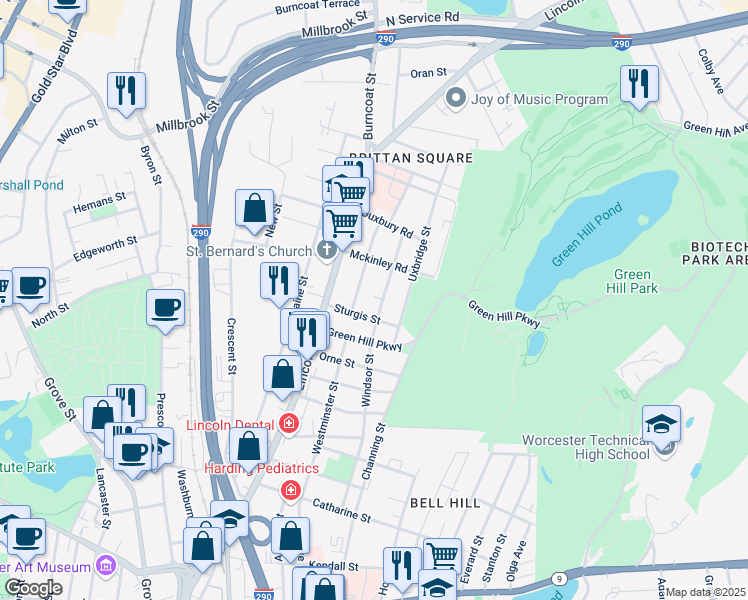 map of restaurants, bars, coffee shops, grocery stores, and more near 54 Windsor Street in Worcester