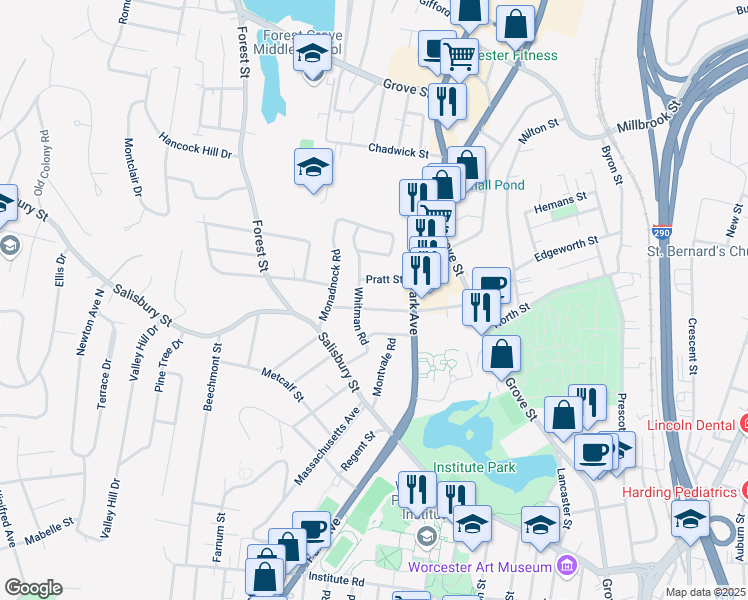 map of restaurants, bars, coffee shops, grocery stores, and more near 35 Whitman Road in Worcester