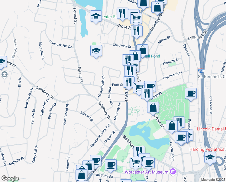 map of restaurants, bars, coffee shops, grocery stores, and more near 35 Whitman Road in Worcester