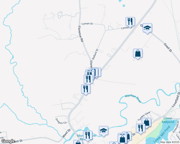 map of restaurants, bars, coffee shops, grocery stores, and more near 12 Florence Road in Easthampton