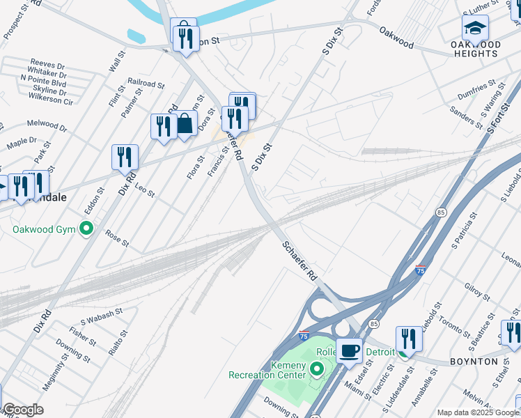 map of restaurants, bars, coffee shops, grocery stores, and more near 1051 Schaefer Highway in Detroit