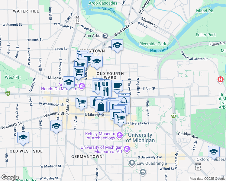 map of restaurants, bars, coffee shops, grocery stores, and more near 520 East Ann Street in Ann Arbor