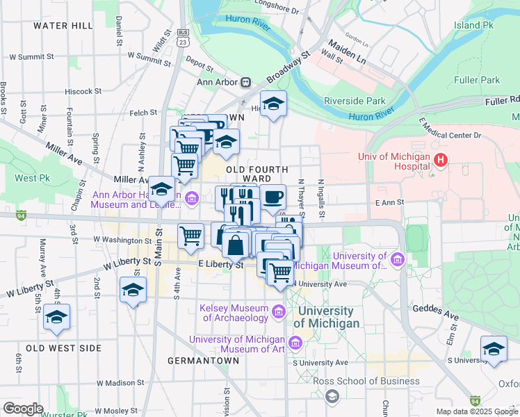 map of restaurants, bars, coffee shops, grocery stores, and more near 520 East Ann Street in Ann Arbor