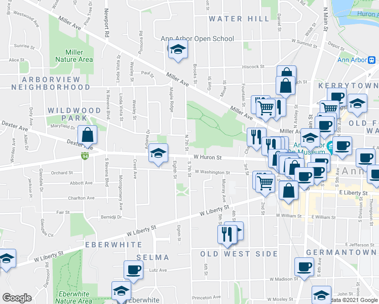 map of restaurants, bars, coffee shops, grocery stores, and more near 844 West Huron Street in Ann Arbor