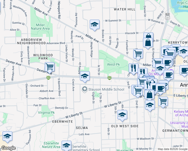 map of restaurants, bars, coffee shops, grocery stores, and more near 1000 West Huron Street in Ann Arbor