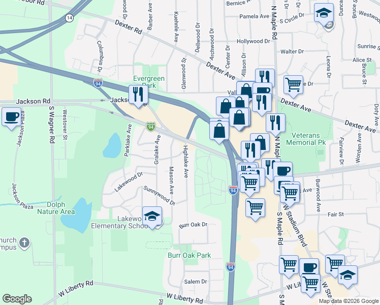 map of restaurants, bars, coffee shops, grocery stores, and more near 2920 Lakeview Drive in Ann Arbor