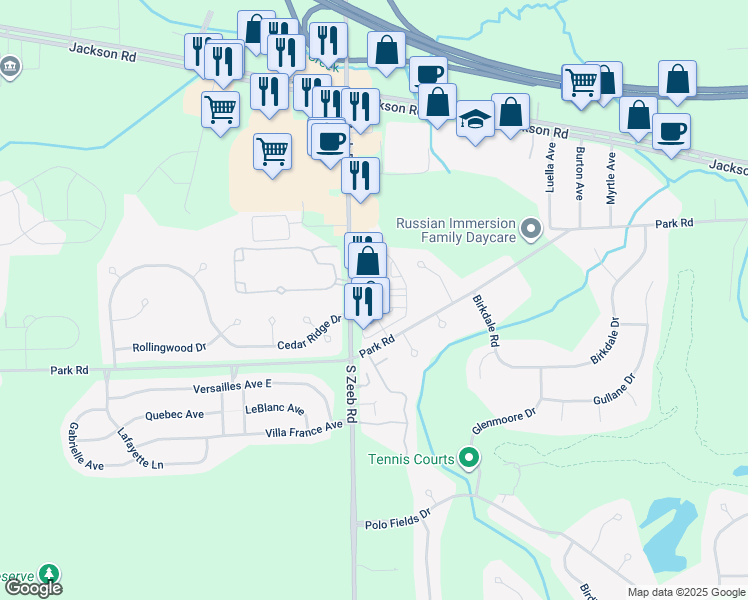 map of restaurants, bars, coffee shops, grocery stores, and more near 305 South Zeeb Road in Ann Arbor