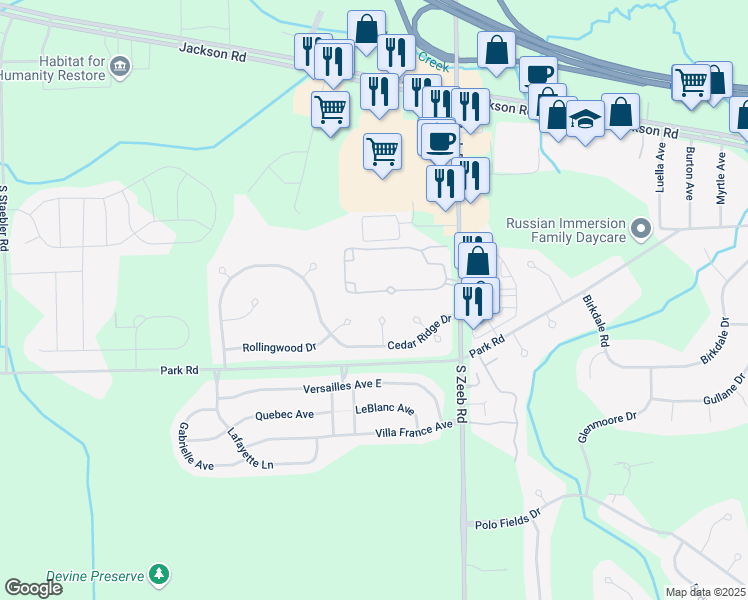 map of restaurants, bars, coffee shops, grocery stores, and more near 5559 Gallery Park Drive in Ann Arbor