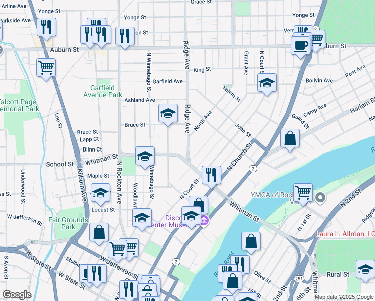 map of restaurants, bars, coffee shops, grocery stores, and more near 918 Ridge Avenue in Rockford