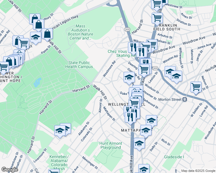 map of restaurants, bars, coffee shops, grocery stores, and more near 115 Hazleton Street in Boston