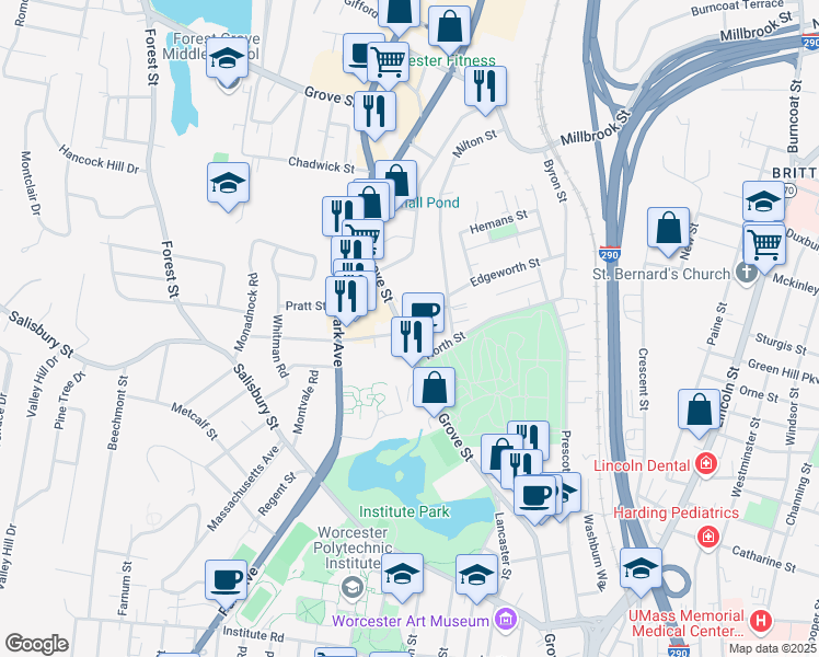 map of restaurants, bars, coffee shops, grocery stores, and more near 2-38 Sagamore Road in Worcester