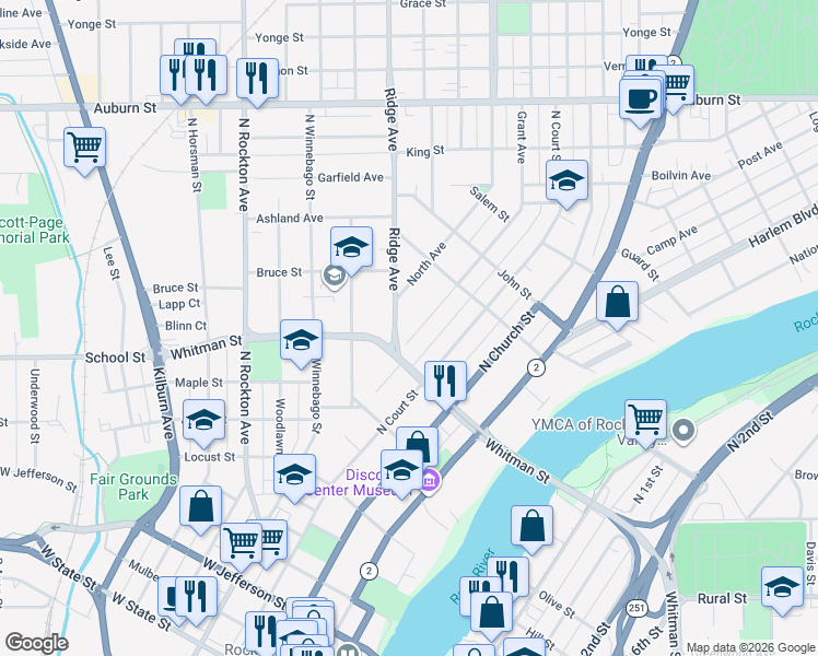 map of restaurants, bars, coffee shops, grocery stores, and more near 924 Grant Avenue in Rockford