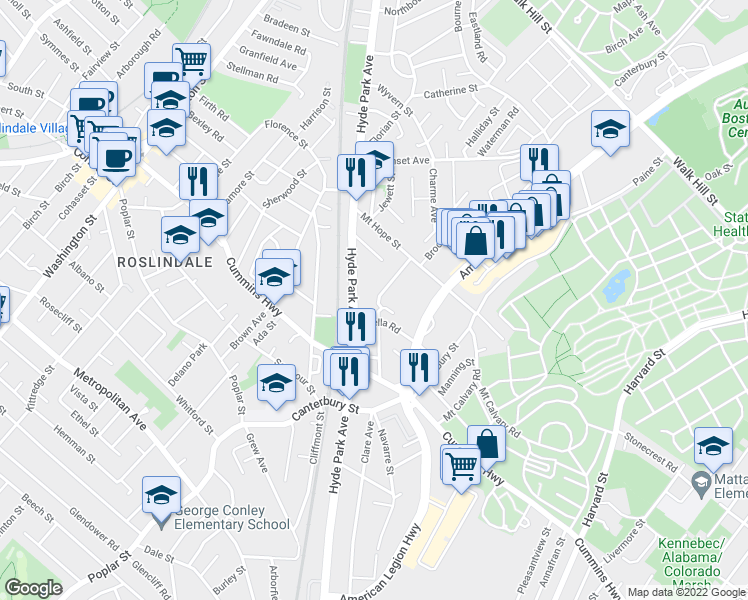 map of restaurants, bars, coffee shops, grocery stores, and more near 56A Harding Road in Boston