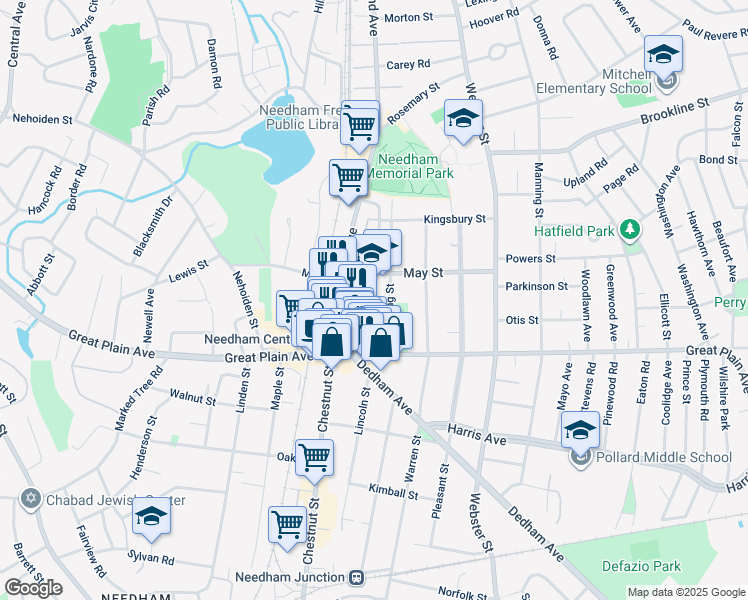 map of restaurants, bars, coffee shops, grocery stores, and more near 13 Pickering Place in Needham